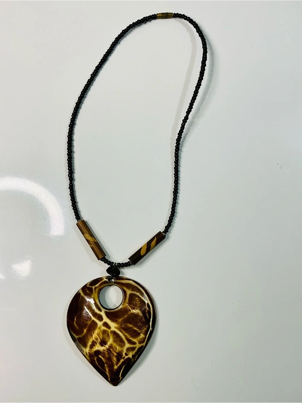 Handcrafted Brown Wooden Teardrop Pendant Necklace with Black Beaded Cord